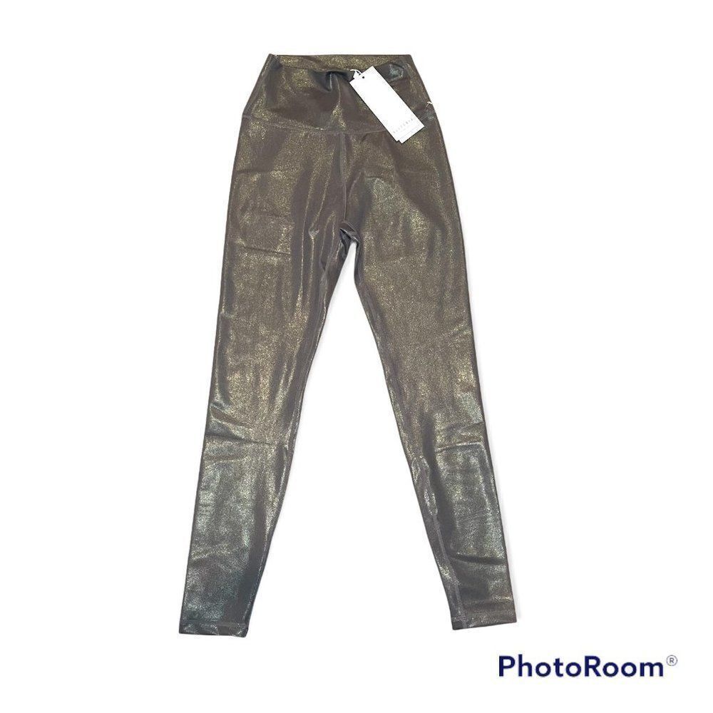 NWT Allfenix Womens Liquid Olive Green Shimmery Pull On 7/8 Leggings Size Small
